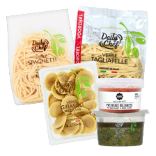 Daily Chef verse pasta
pak à 250-500 gram,
Daily Chef groene pesto pastasaus
bakje à 180 gram
of Noordertrots pastasaus
bakje à 